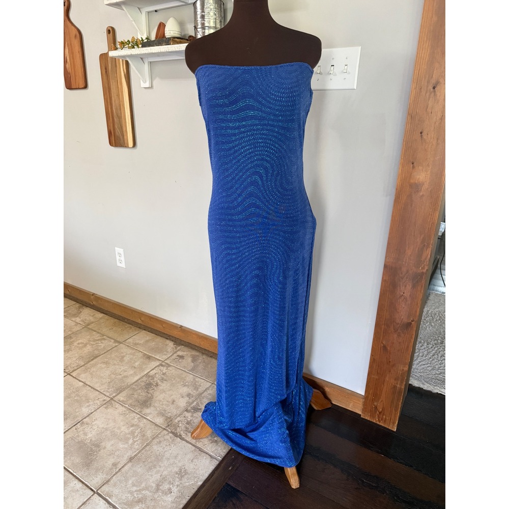 Vintage Jessica McClintock Blue Glitter Strapless Open Back Formal Gown size 13‎